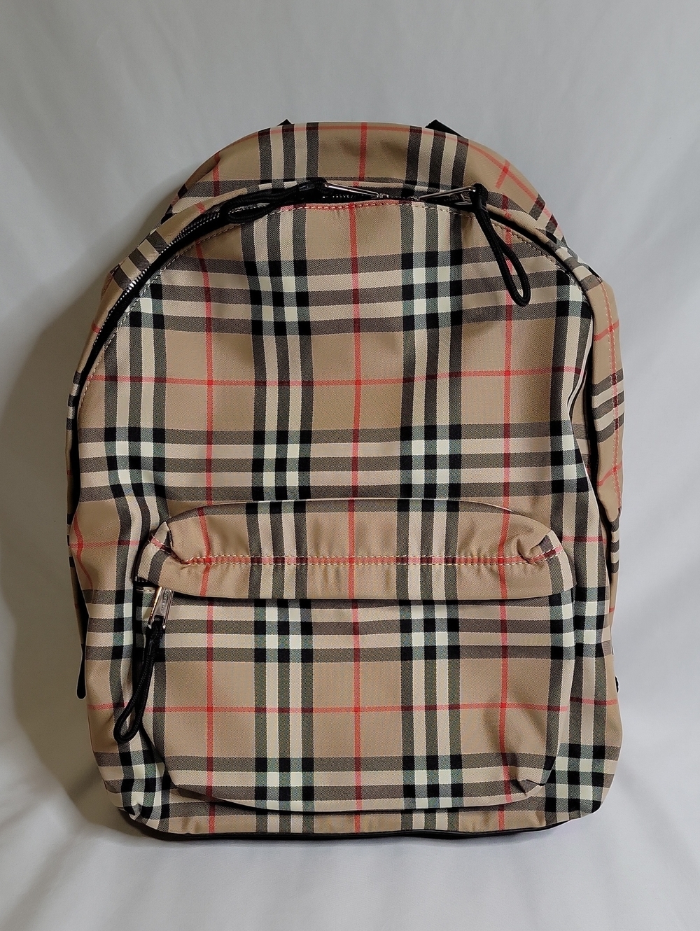 Burberry Beige Plaid Backpack with Black & Red Accents